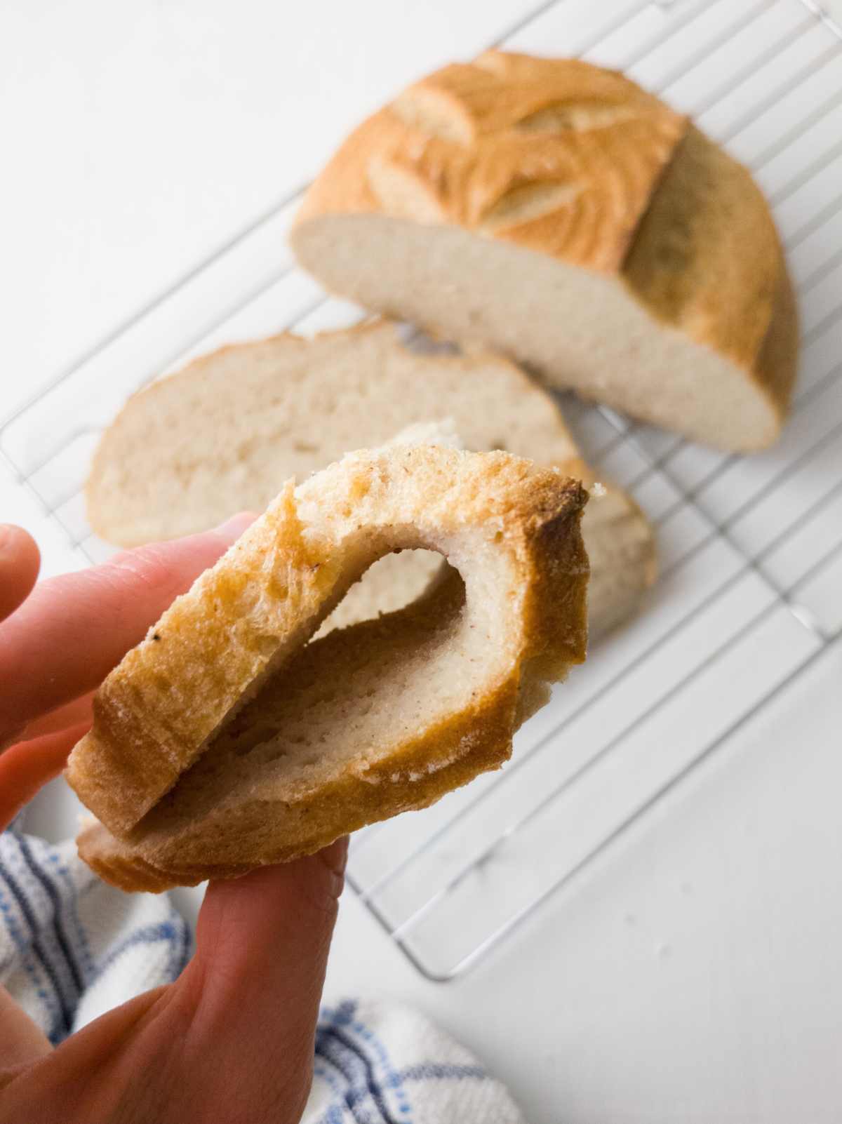 A piece of gluten-free sourdough bread bent.
