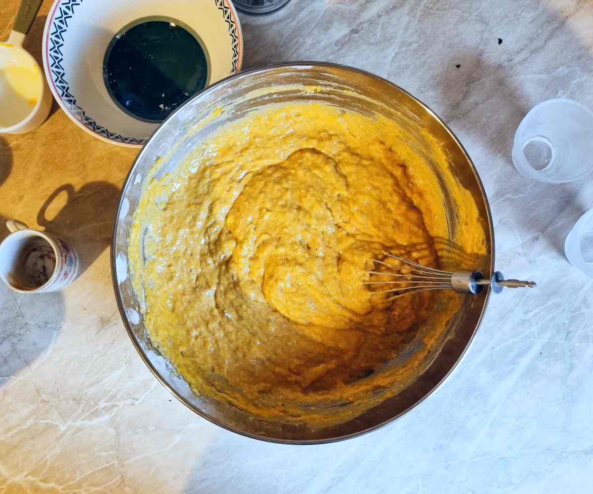 Mixing up the batter for the chocolate chip pumpkin muffins