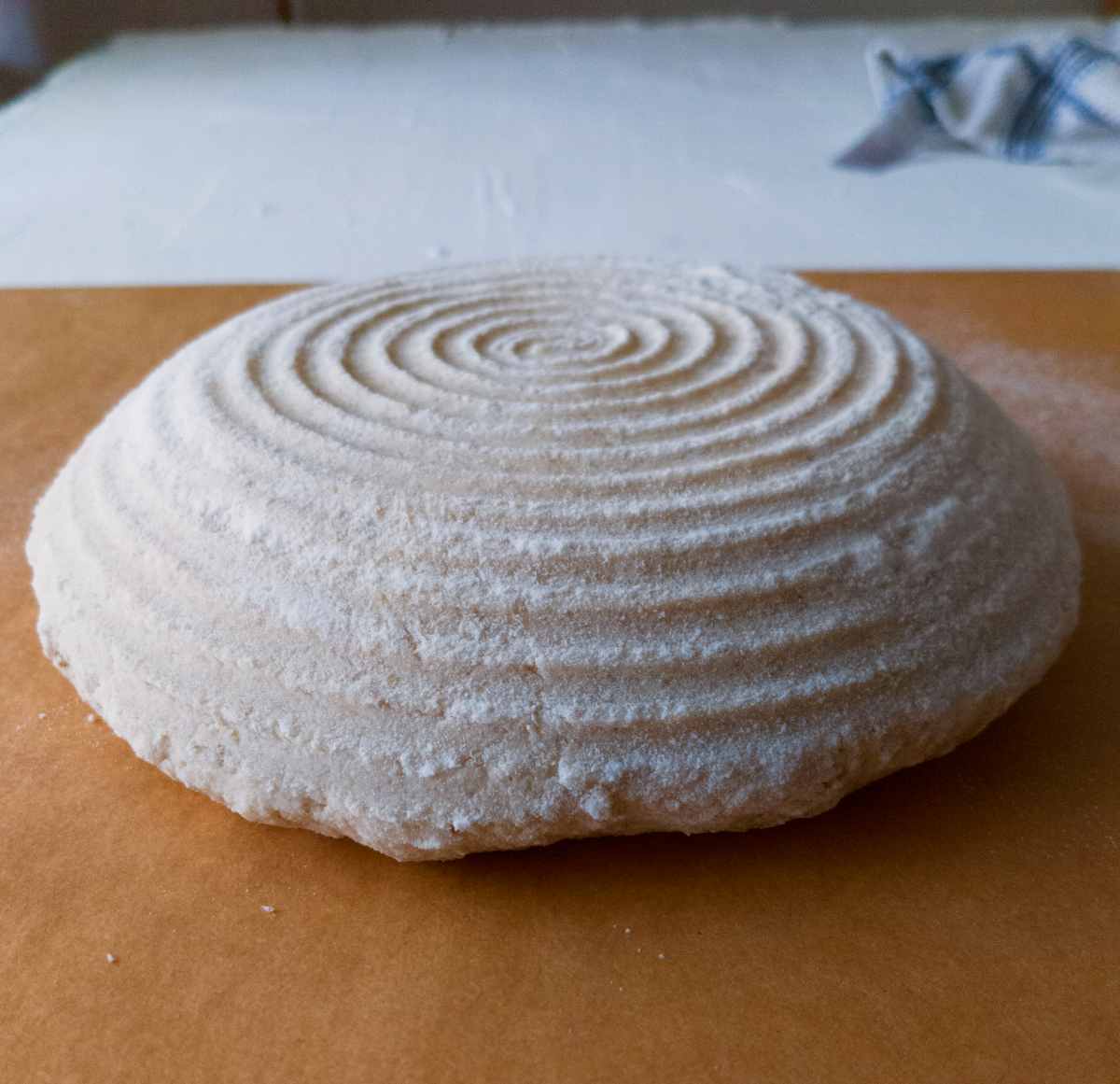 The proofed dough out of the freezer before shaping on the parchment paper.
