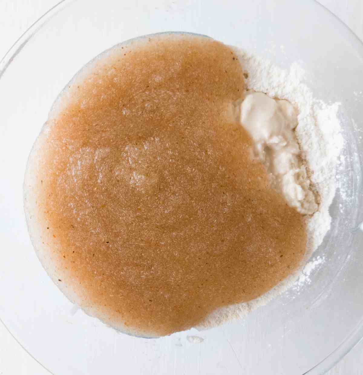 Psyllium husk gel with sourdough starter in a mixing bowl.