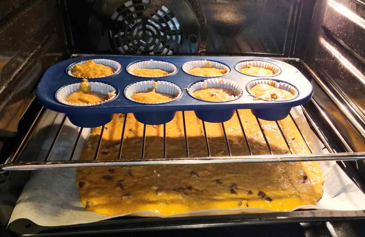 Sourdough Chocolate Chip Pumpkin muffins in the oven