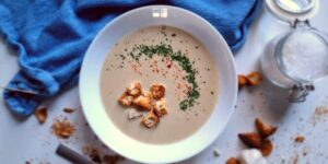 Garlic Soup with Croutons and Spices.