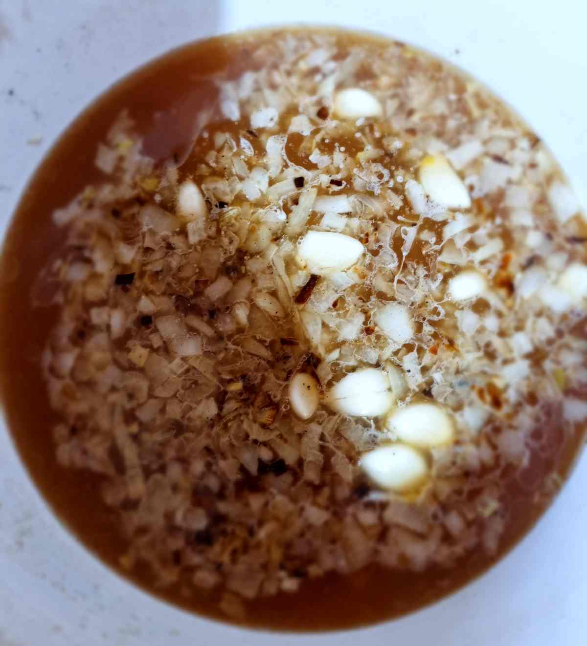Garlic, onions, and stock in a Dutch oven.