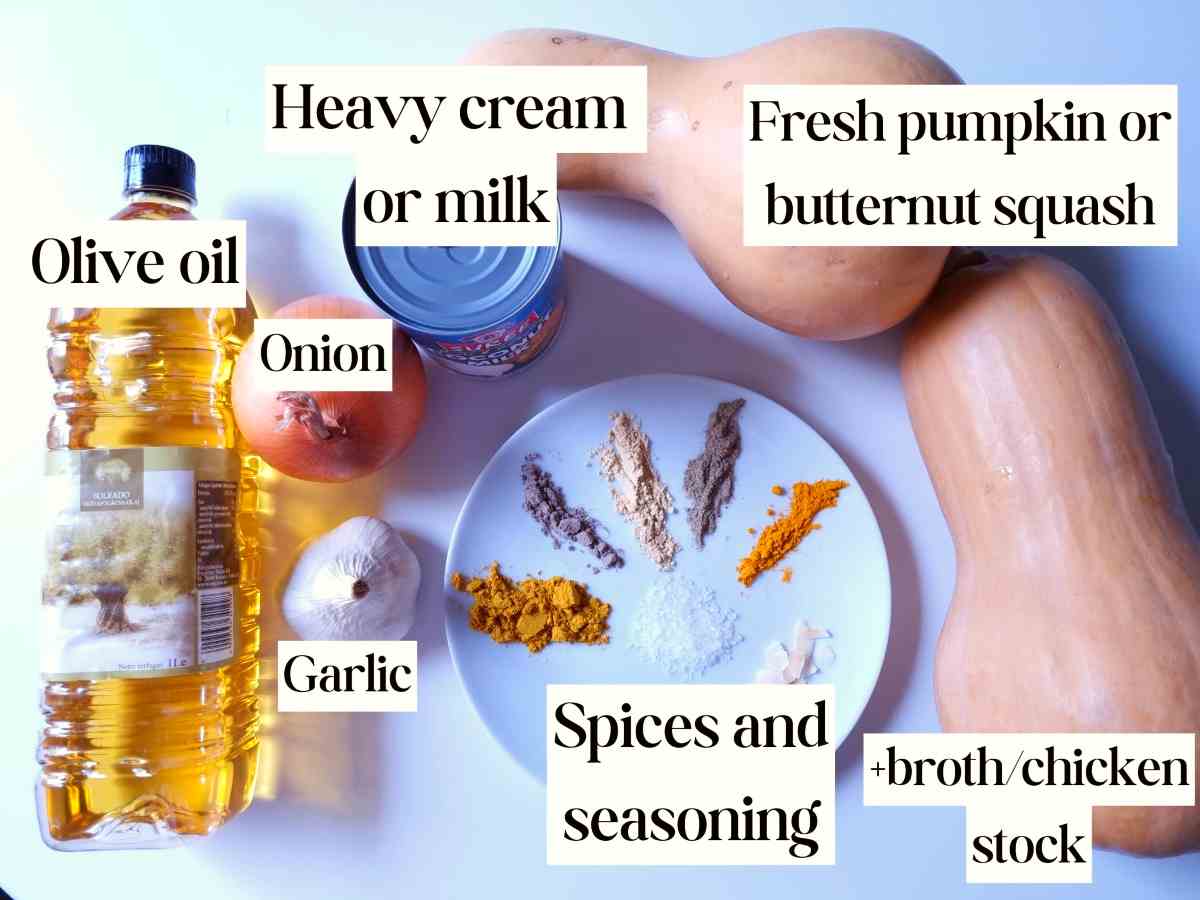 Ingredients for the fresh pumpkin soup on the white table.