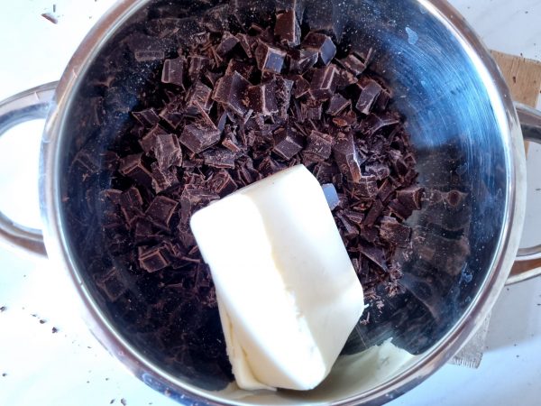 Melting the chocolate and the butter for the brownie cake