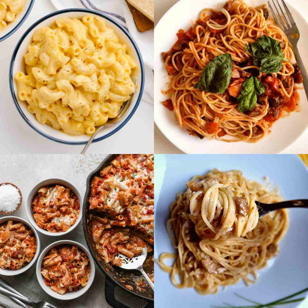 Collage of four pictures of pasta recipes.