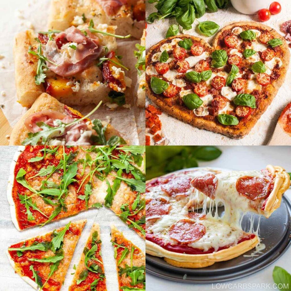Four different gluten-free pizzas in a collage.