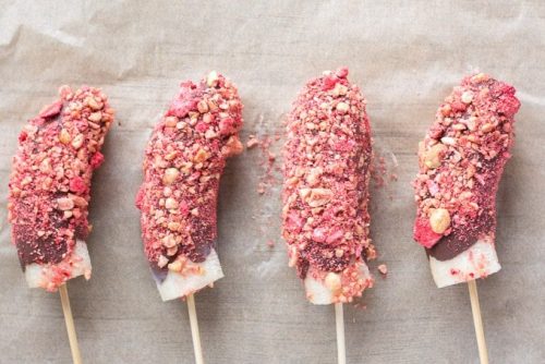 frozen banana pops with peanut butter, chocolate, and jelly