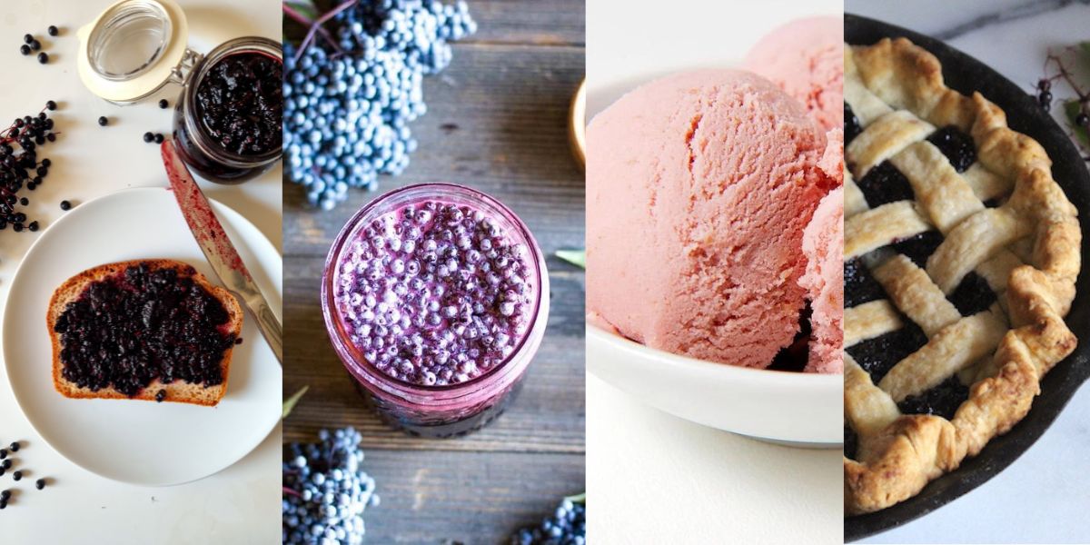 Elderberry jam, honey, ice cream, and a pie in a picture collage.