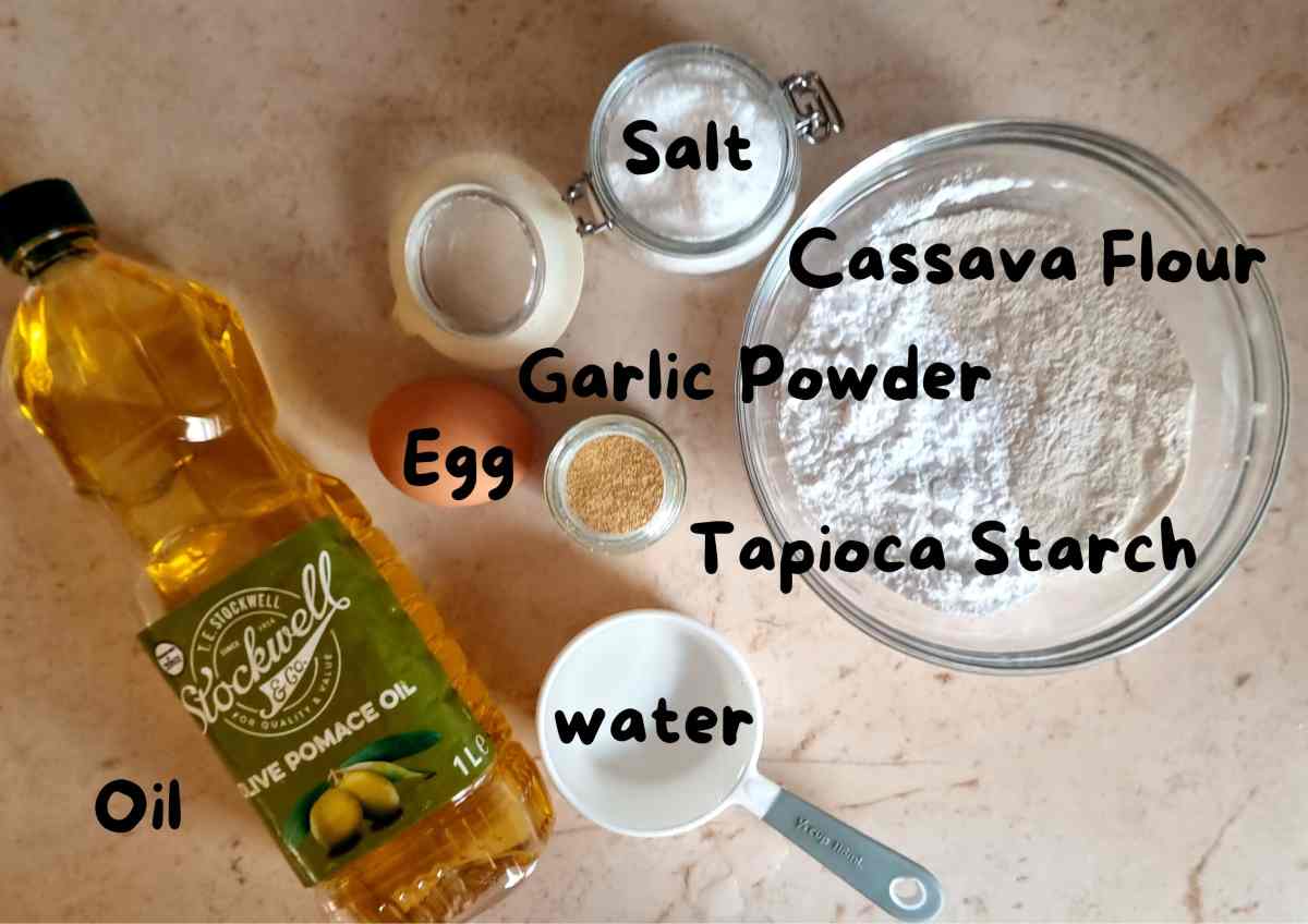 Ingredients for Cassava Flour Pizza Dough.