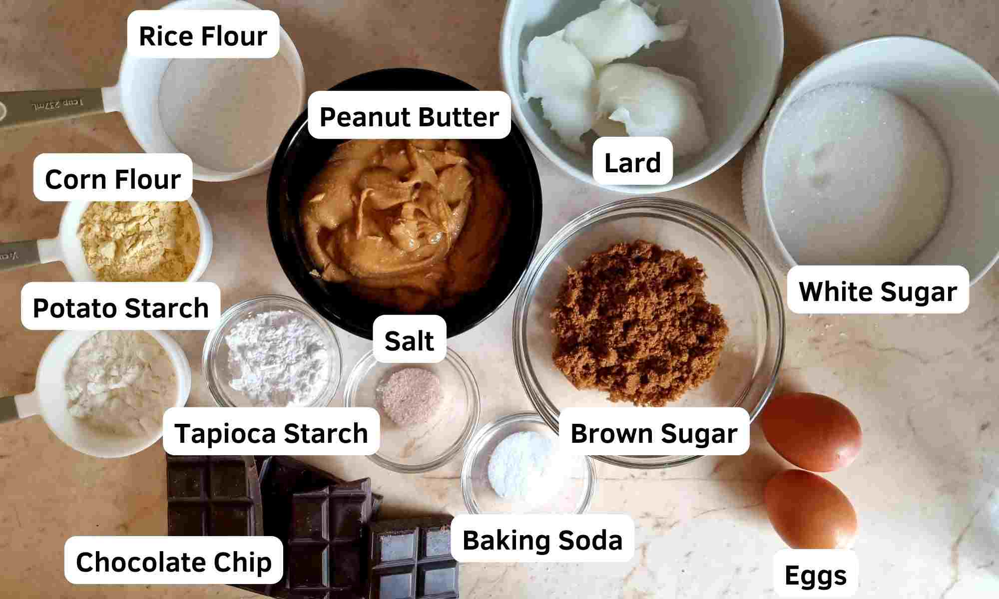 Ingredients for Gluten Free Peanut Butter Chocolate Chip cookies.