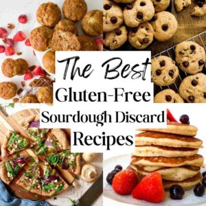 Four gluten-free sourdough discard recipes in a collage.