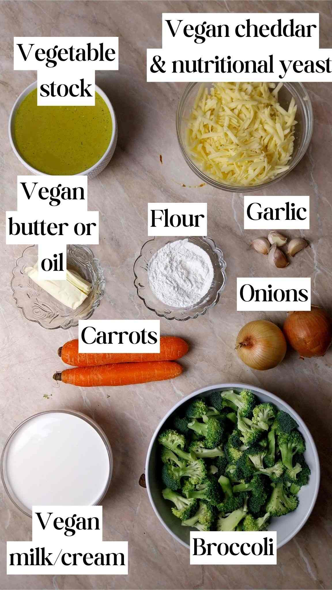Ingredients for the vegan broccoli soup on a kitchen counter.