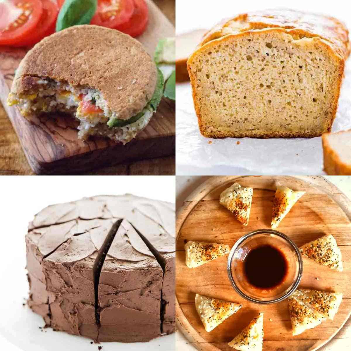 English muffin, banana bread, cake, and a chopped pancake in a collage.