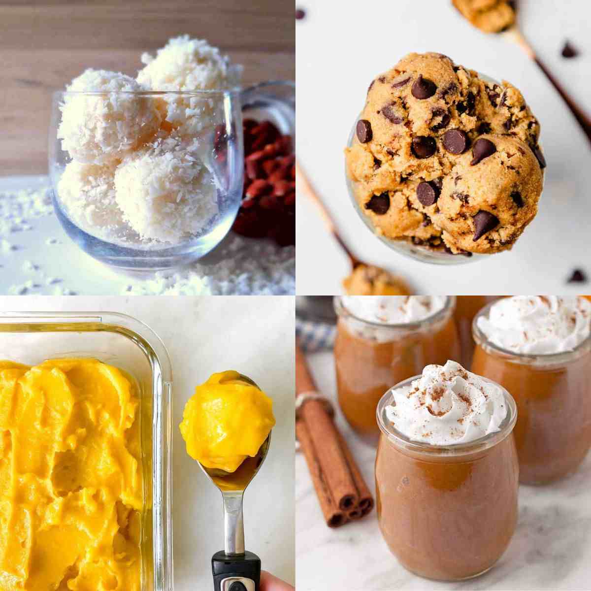 A collage with four pictures showing four gluten-free no-bake desserts.