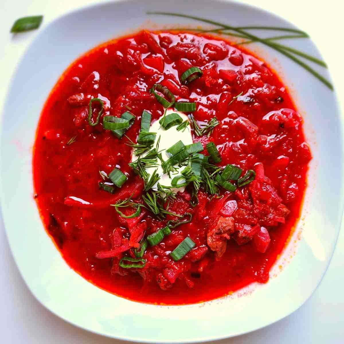 Ukrainian Borscht in a white bowl.