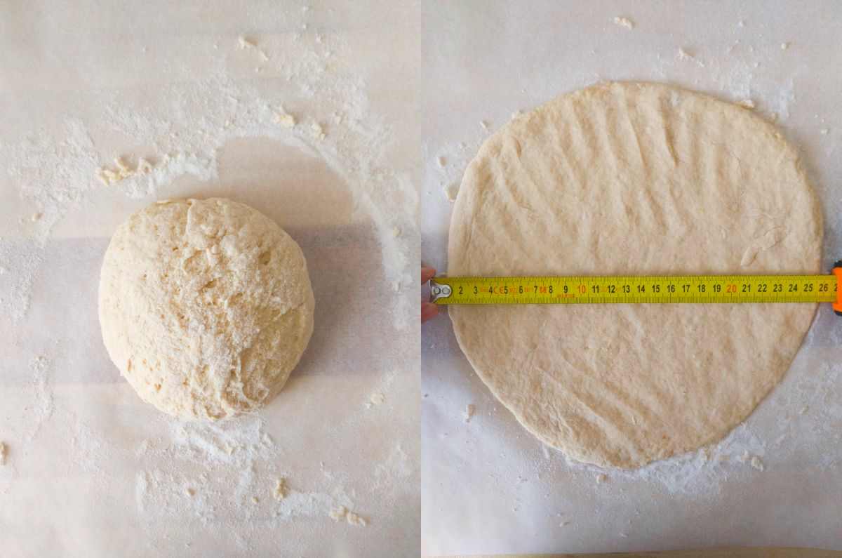 The dough in a ball on the left side and the rolled out dough on the right.