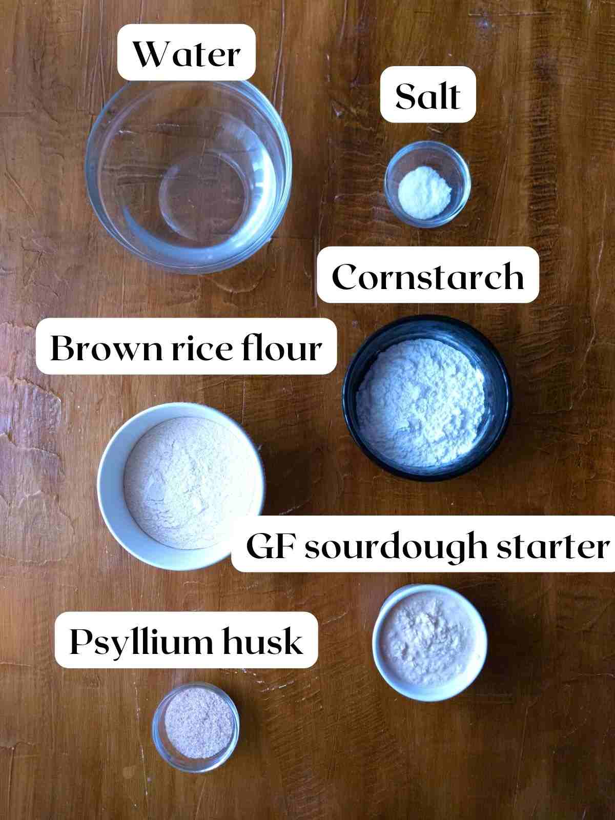 Ingredients on a wooden surface with labels.