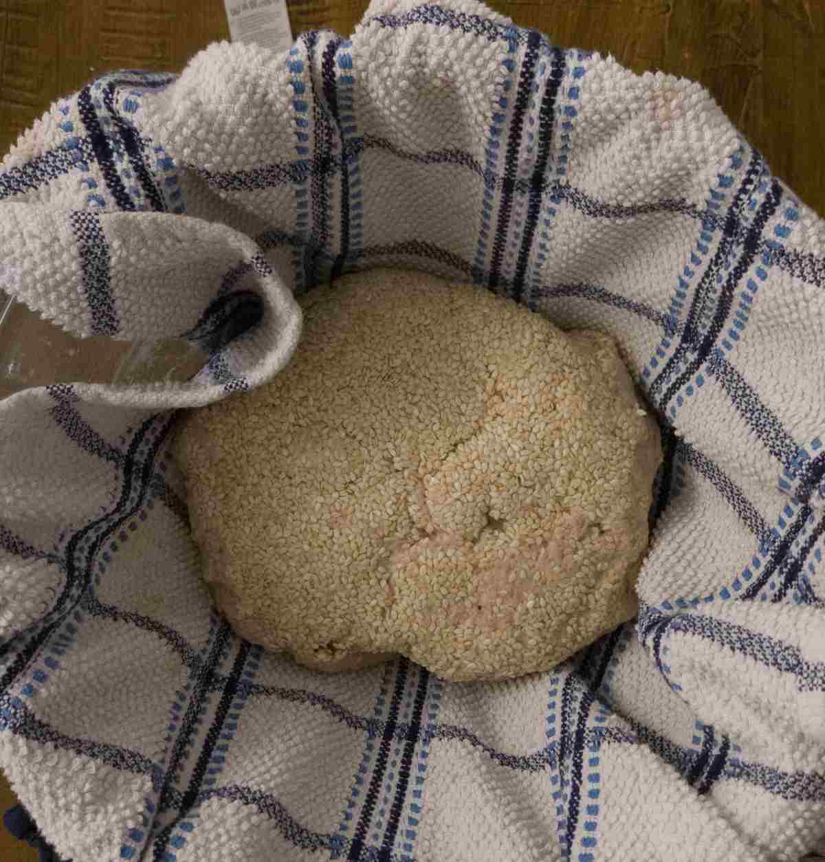 Shaped dough in a bowl lined with a towel.