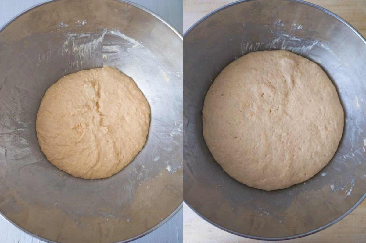 The dough before and after the rise in a metal bowl.