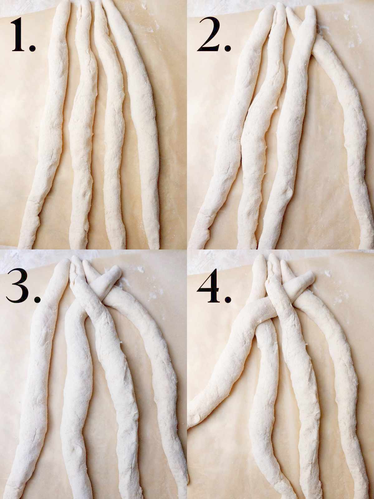 The first four steps of braiding the challah.