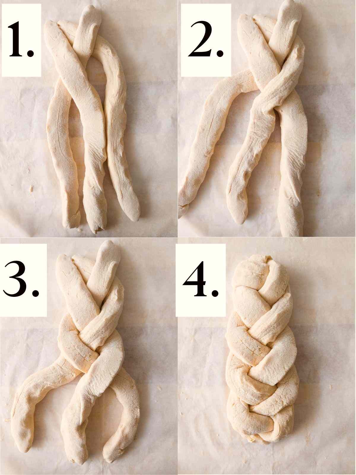 Four steps of braiding the challah.