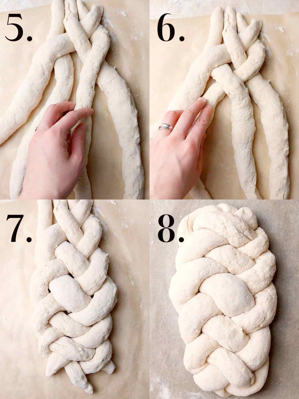 The last four steps in braiding the challah.
