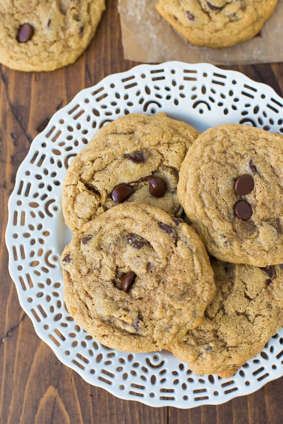 Buckwheat chocolate chip cookies on a plate.