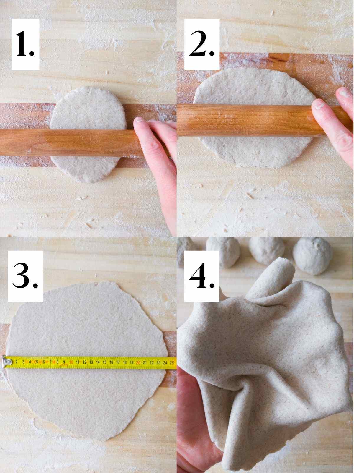 Four steps of shaping each buckwheat tortillas wrap.