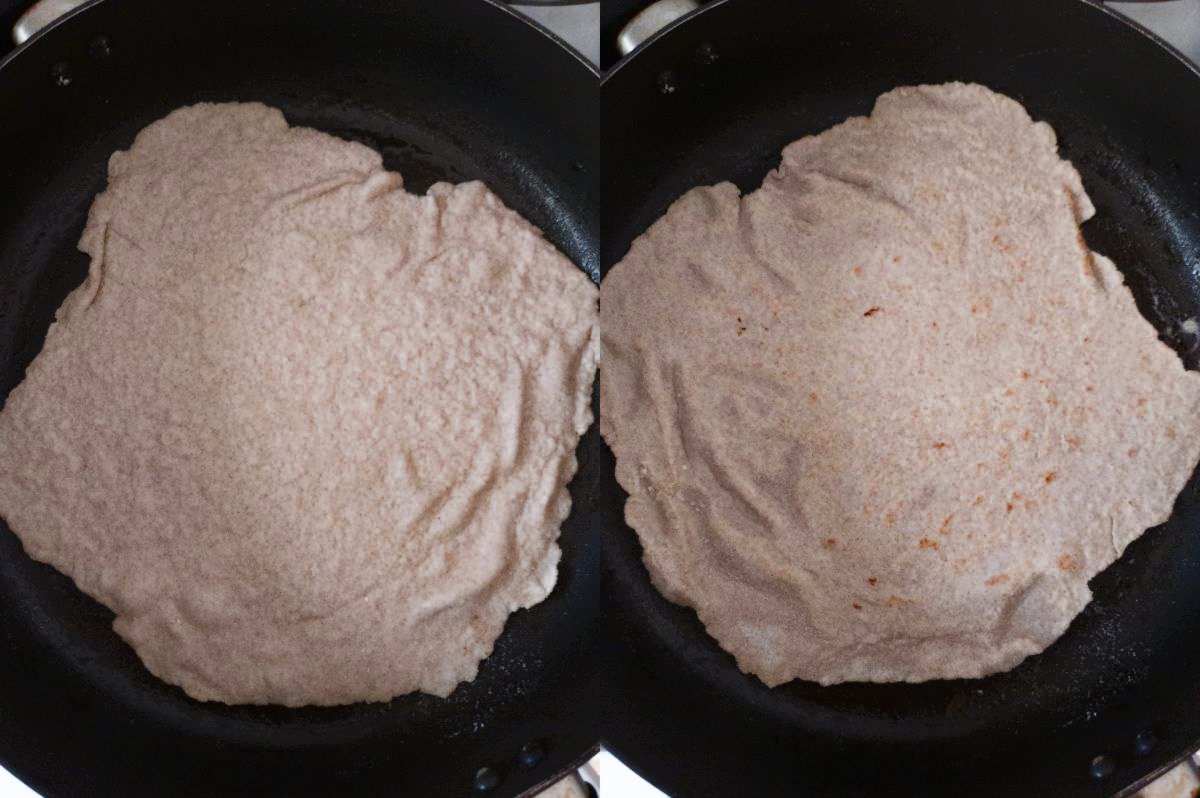 Two steps of frying the tortilla wraps in a cast iron pan.