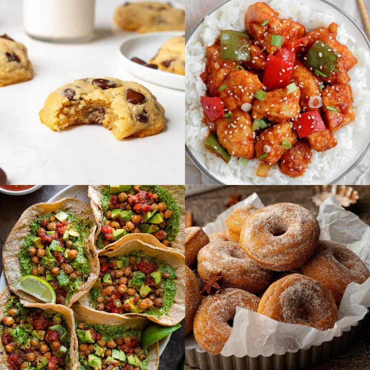 A cookie, a plate with chicken, tacos, and donuts in a collage.