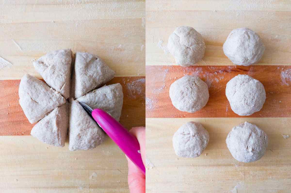 The dough cut in six parts and shaped into six balls.