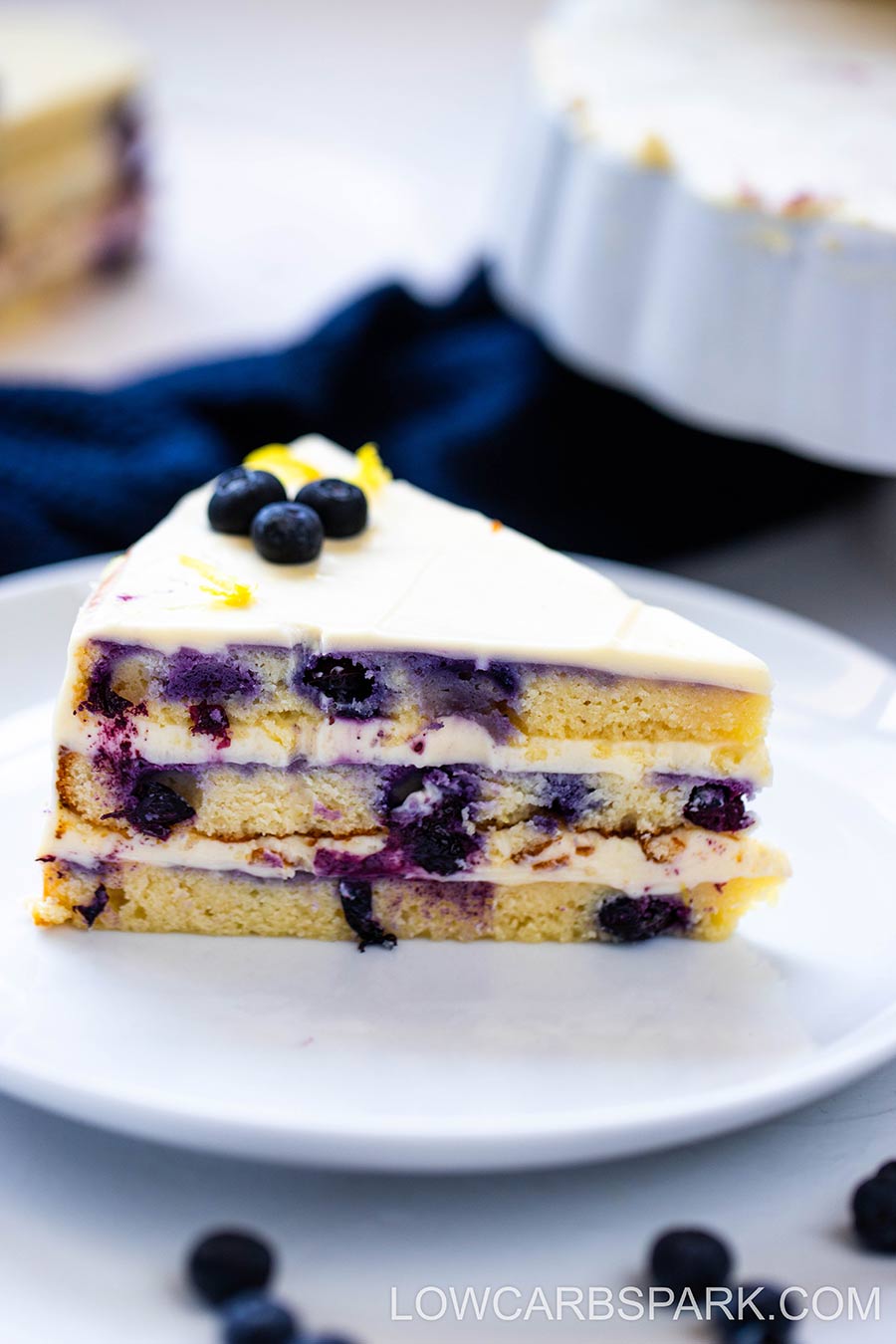 Lemon Blueberry cake slice on a white plate.