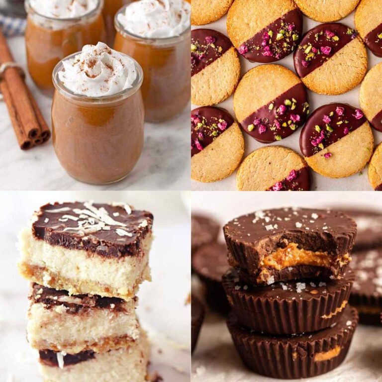Four pictures of gluten and sugar free desserts in a collage.