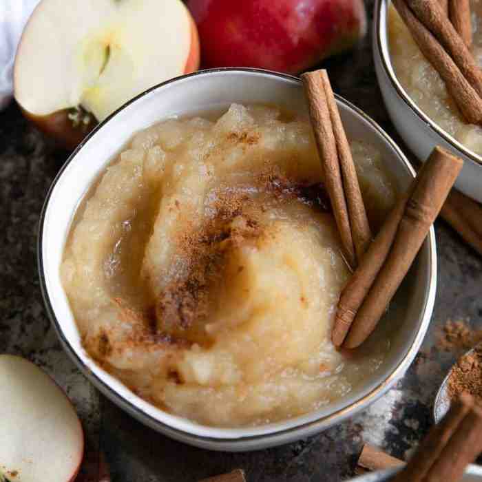 Applesauce in a small bowl with cinnamon sticks in it.