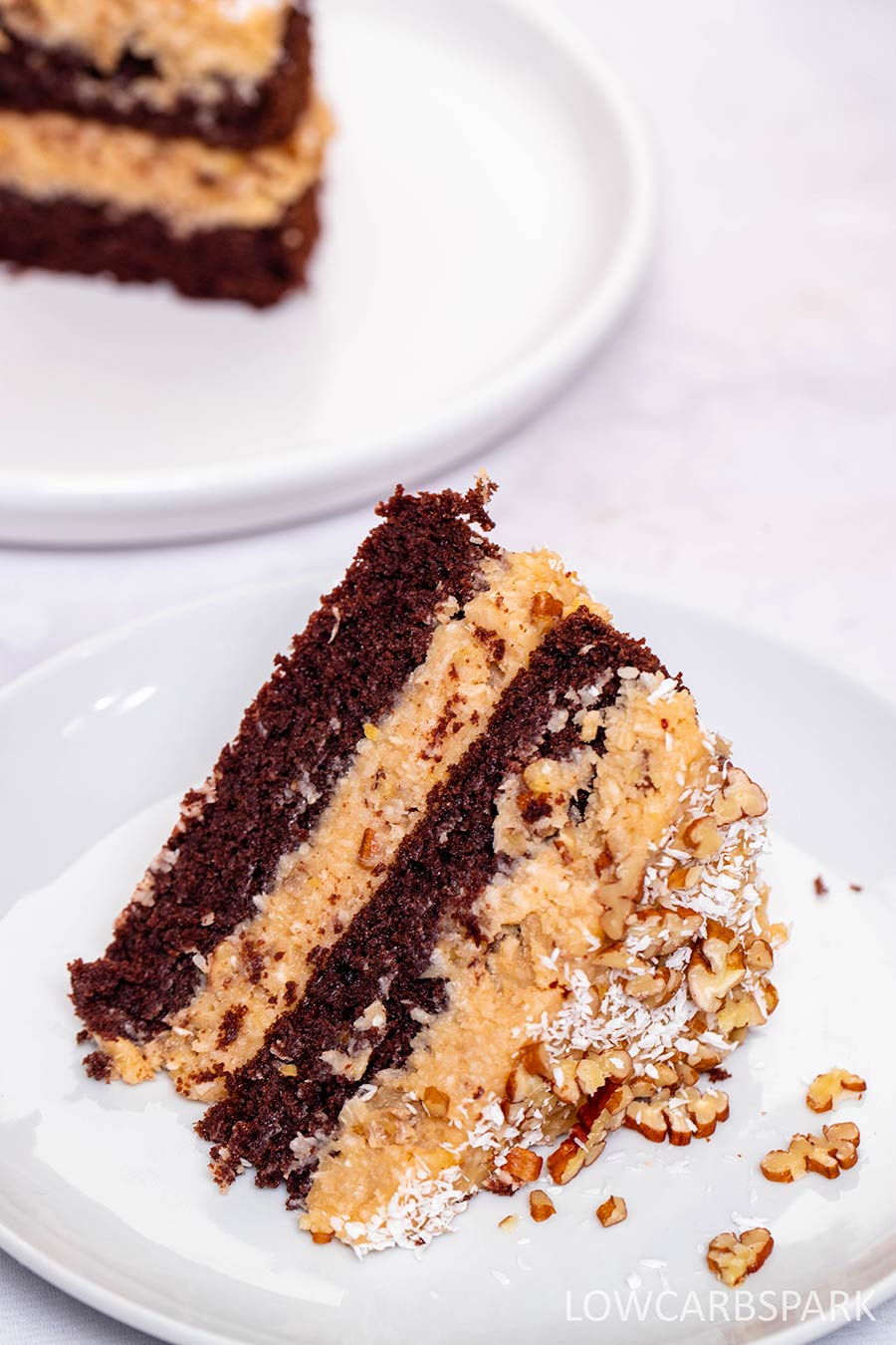 Gluten and sugar free German cake slice on a white plate.