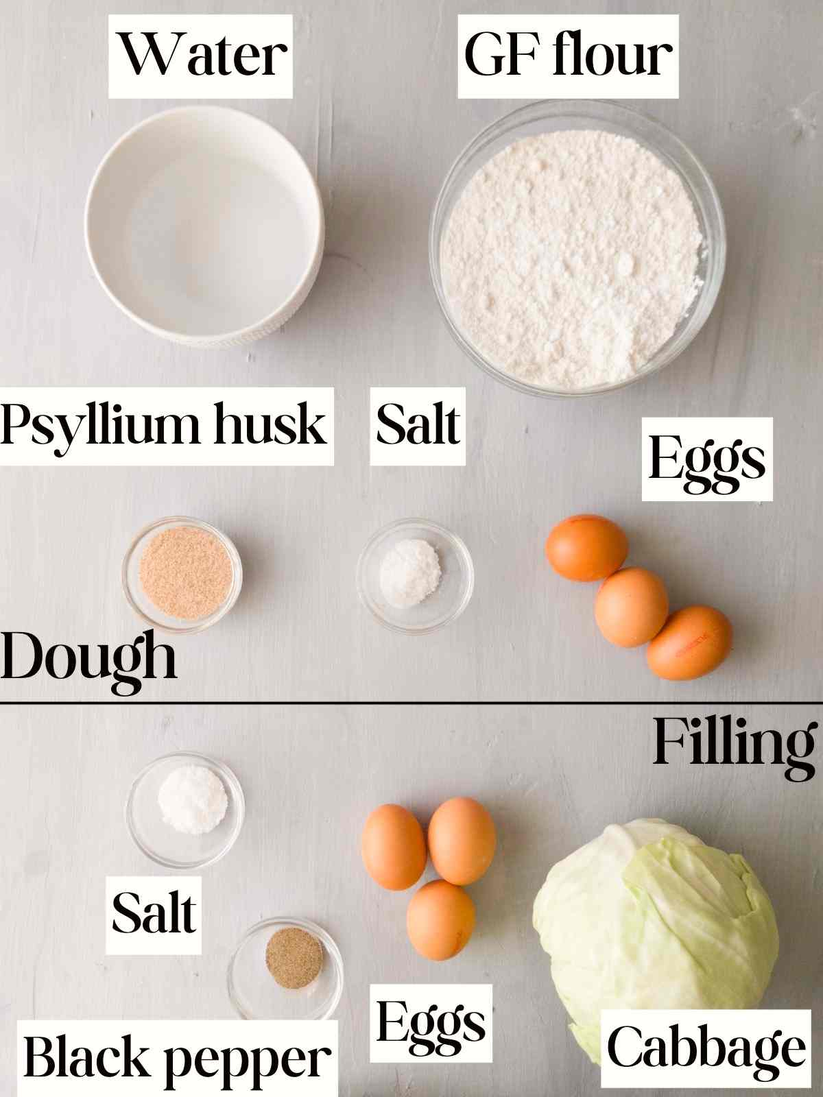Ingredients for pierogies on a gray surface. 