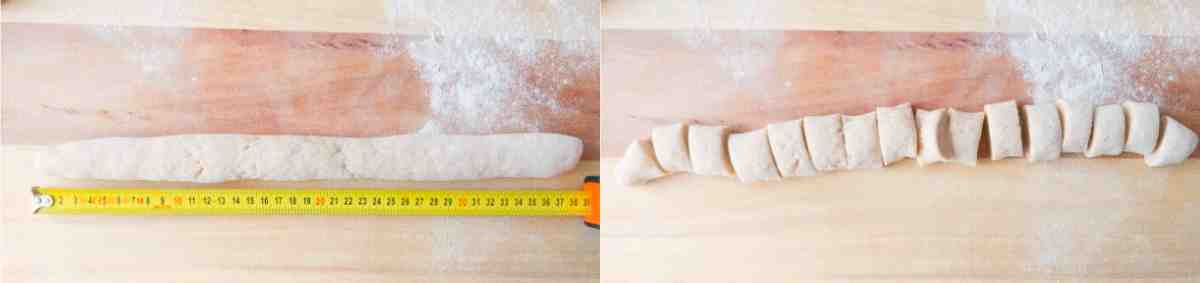 Two pictures of rolled out dough and sliced dough.