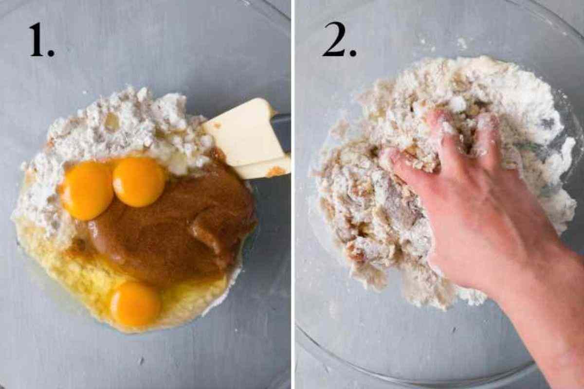 Two steps of mixing the dough in a large glass mixing bowl by hand.