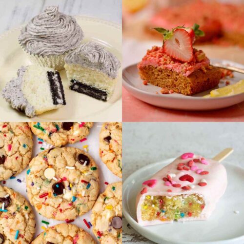 Four pictures of gluten-free recipes with cake mix in a collage.