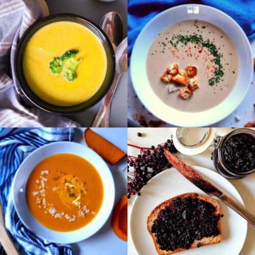 A collage of foru different gluten-free dishes made in a cast iron.