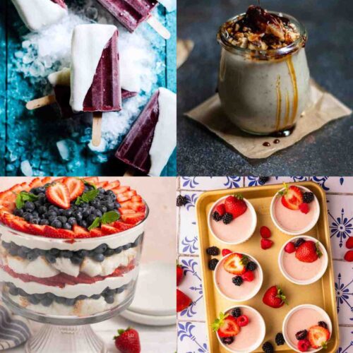 A collage of 4 different desserts made with fruit.