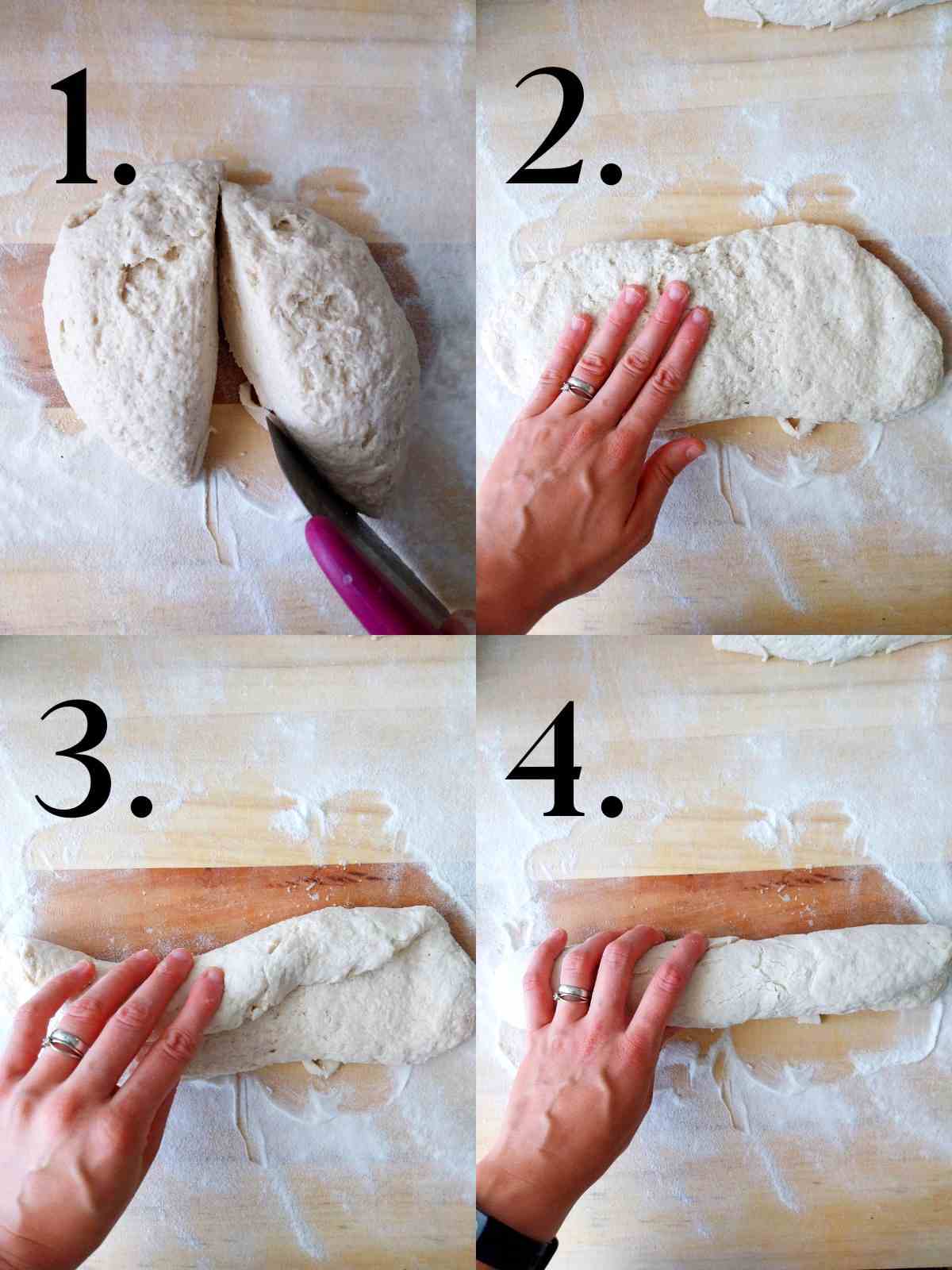 Four stages of shaping the French bread by hand.