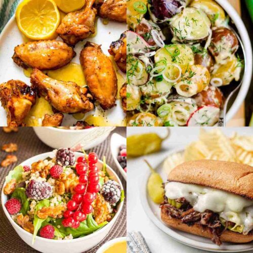 A collage of four dishes from the gluten-free tailgate recipe collection.