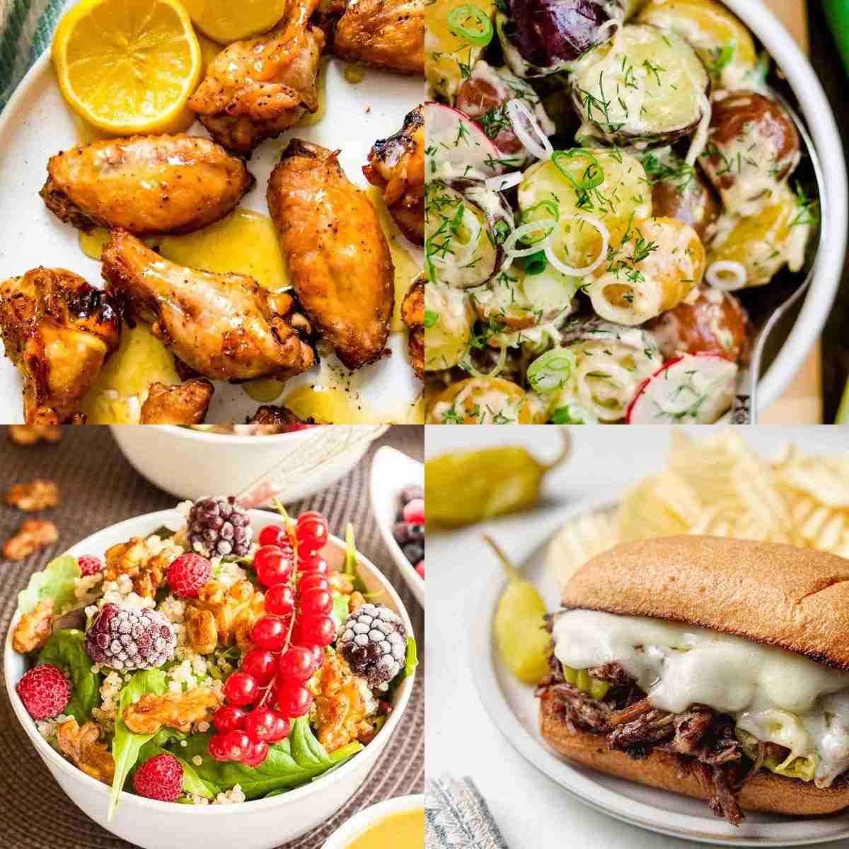 A collage of four dishes from the gluten-free tailgate recipe collection.