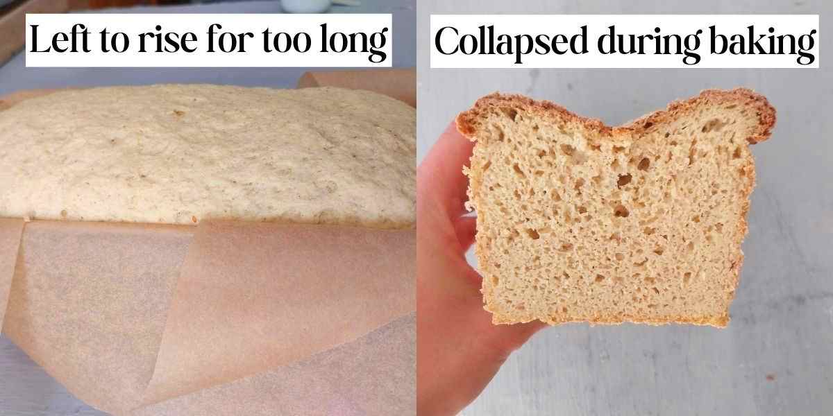 An example of an overproofed bread before and after baking.