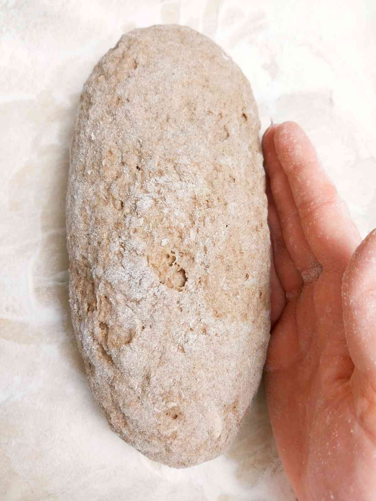 Shaping the bread into a longer loaf.