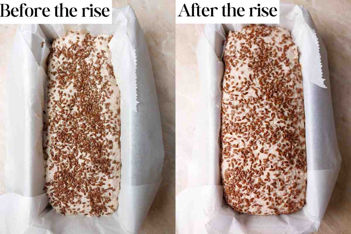 Two pictures with the bread before and after the rise.
