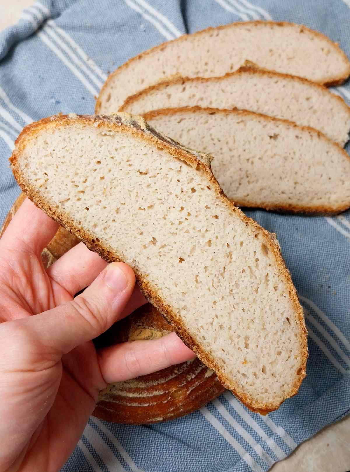 A slice of gluten-free sourdough brown rice bread.