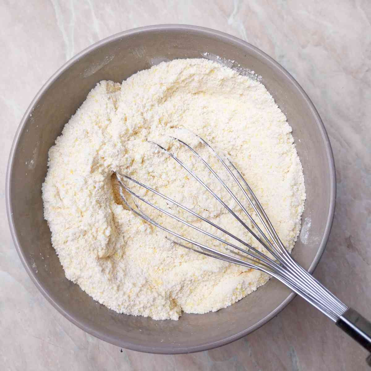 Dry ingredients mixed in a bowl.